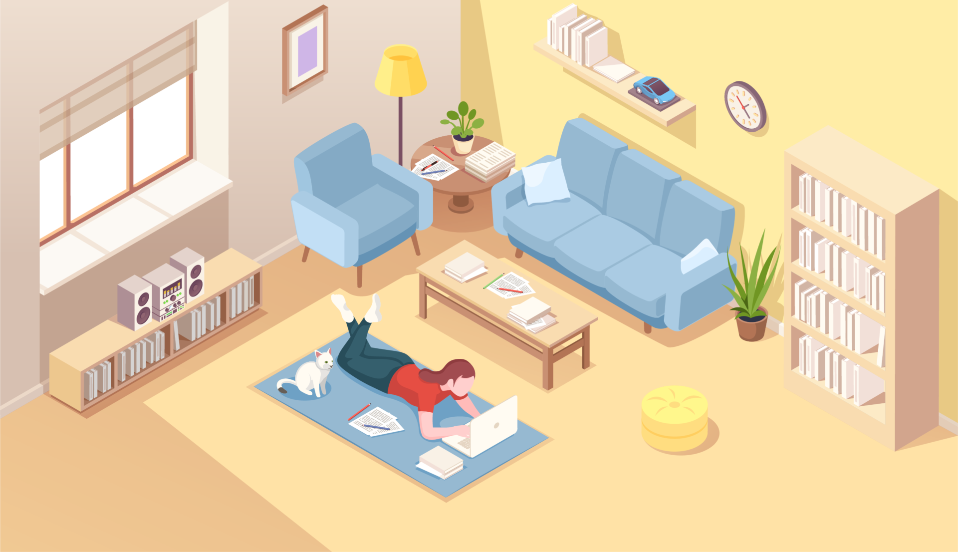 Flat on the floor. Isometric Furniture. A mobile lying on Floor illustration.